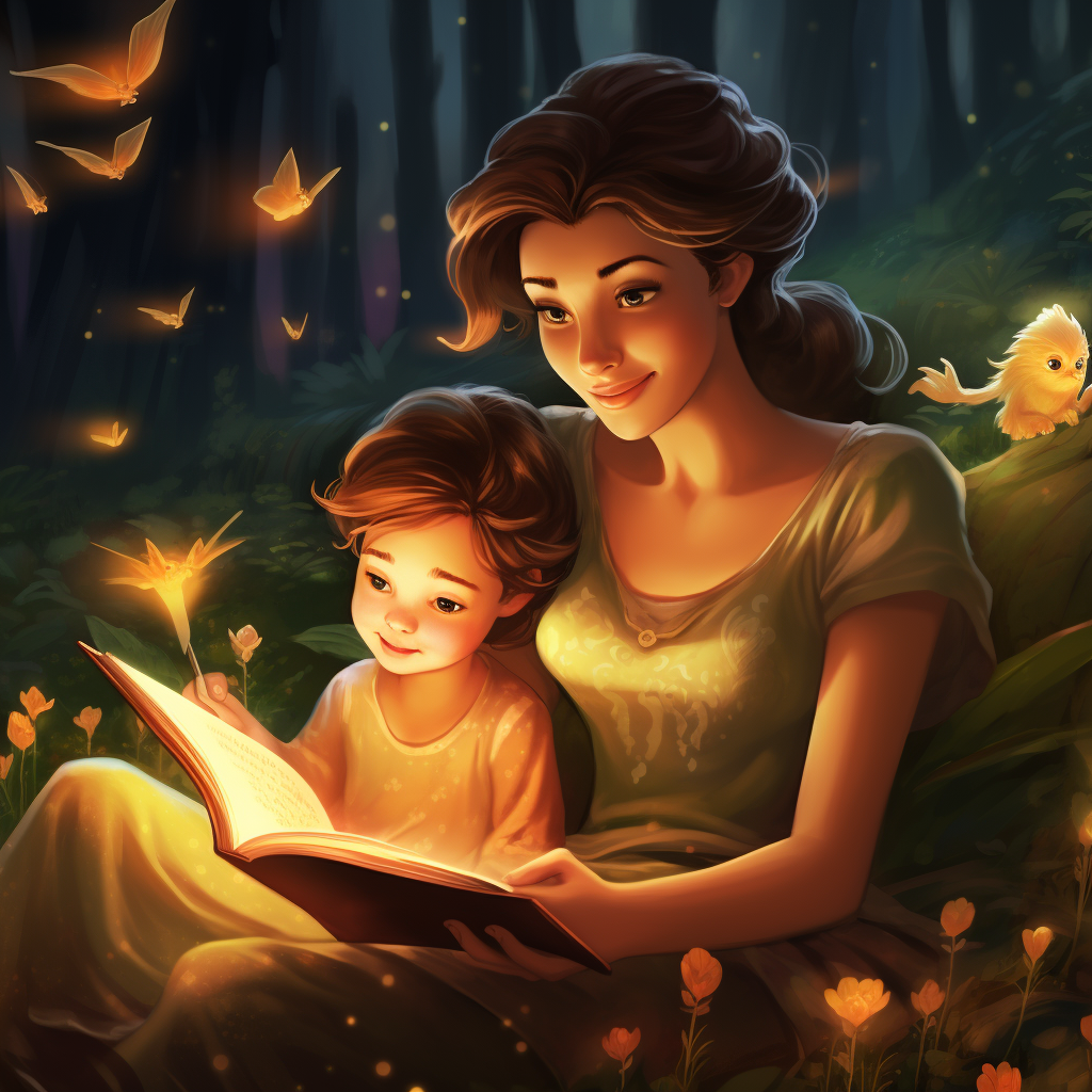 Anya könyvből olvas a kisfiának egy mesét, akinek a szemei előtt elevenedik meg a történet